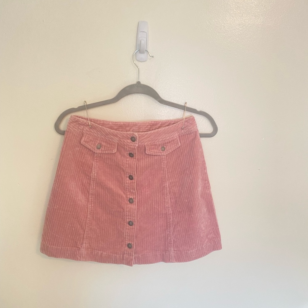 Pink Corduroy Button Front Mini Skirt With Pockets